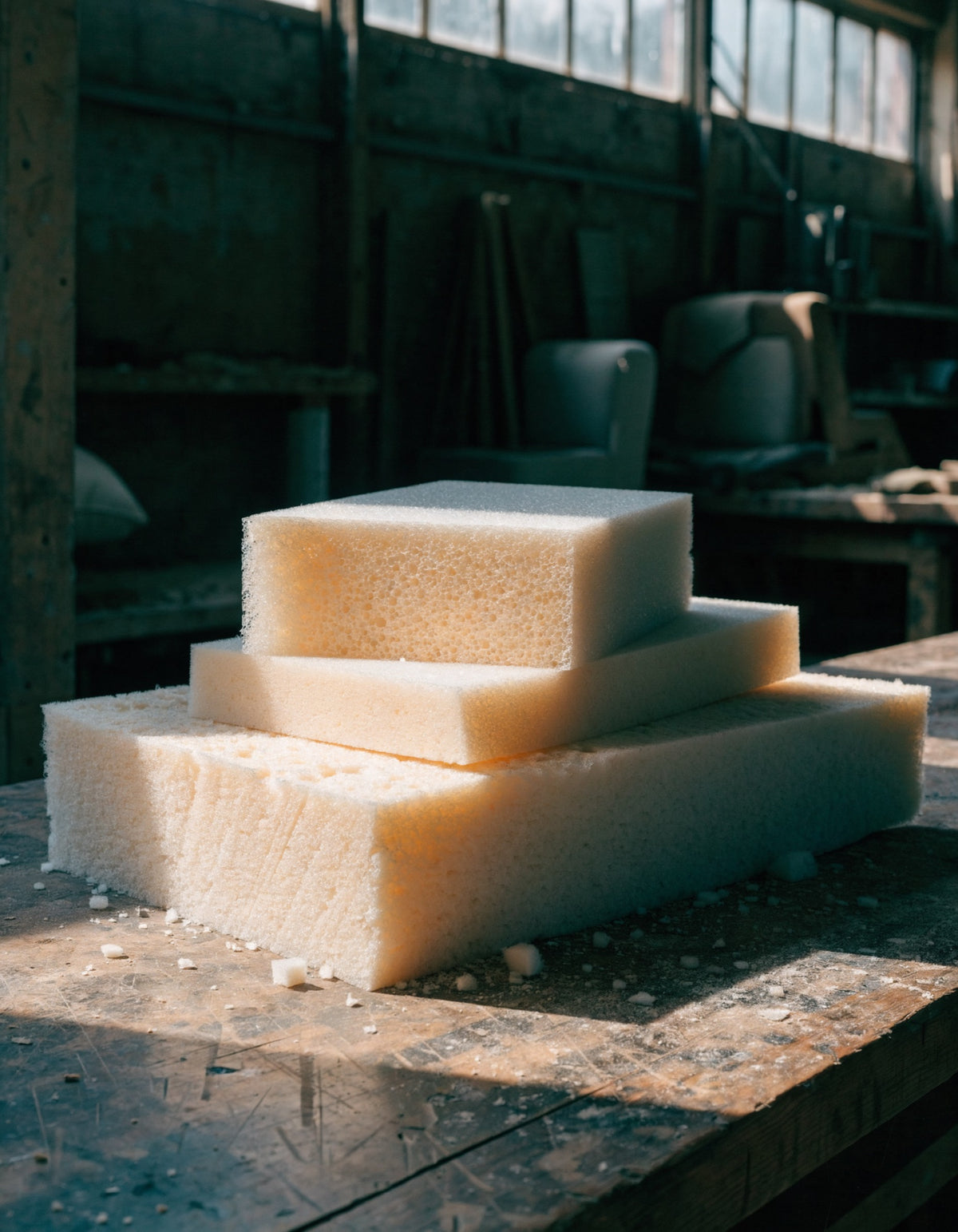 Three densities of upholstery foam stacked on a workshop bench, cut faces showing their cell structure