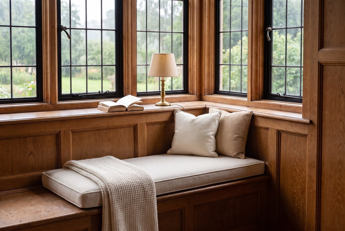After — restored with a custom cream linen cushion in the same oak nook