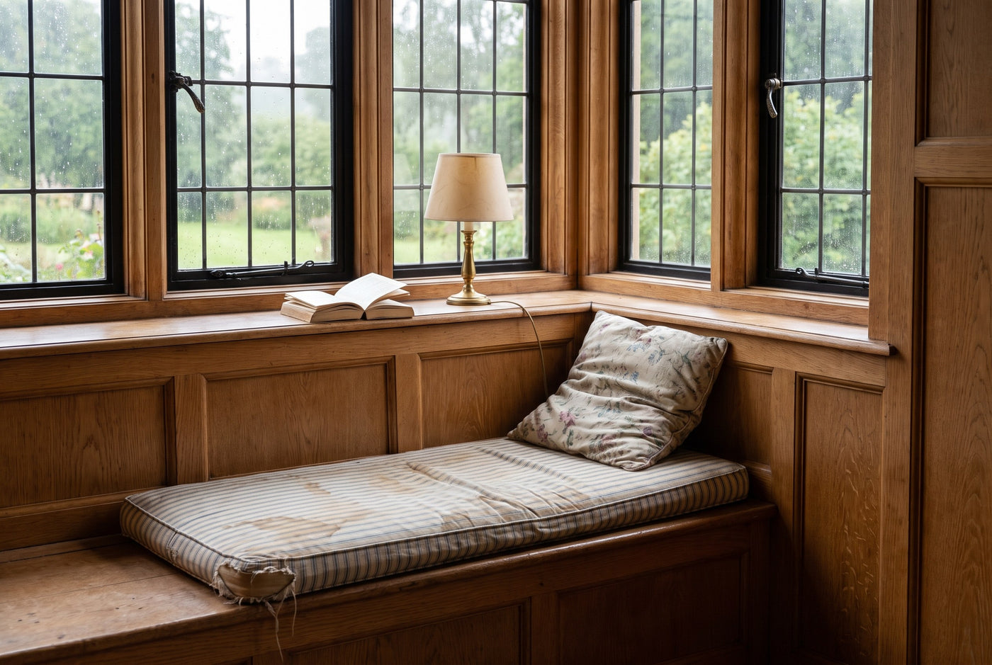 Before — tired worn window-seat cushion in an oak nook