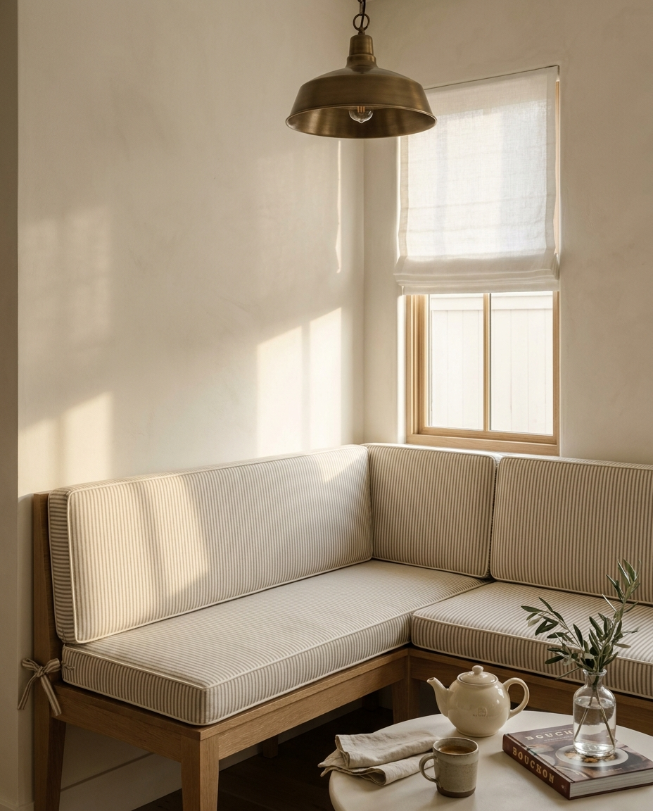 Banquette cushions, perfectly fitted.