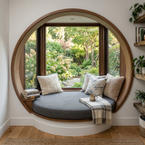Charcoal round cushion in a circular window nook
