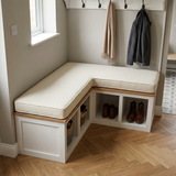 Cream L-shaped cushion on a corner entryway bench with shoe storage