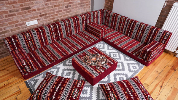 Premium L Shaped Red Arabic Sofa Set, Floor Cushions, Arabic Seating Floor Sofa, Backrest Pillow, Moroccan Sofas, Arabic Majlis, Indoor Sofa, Living Roorm Sofas - Arabic Sofa