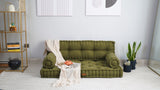 Khaki tufted floor seating set with a cream throw in a bright room