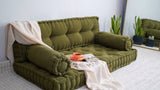 Khaki green tufted floor cushion set with a back cushion and two bolsters