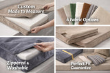 Collage showing a zippered bench cushion cover and fabric swatches