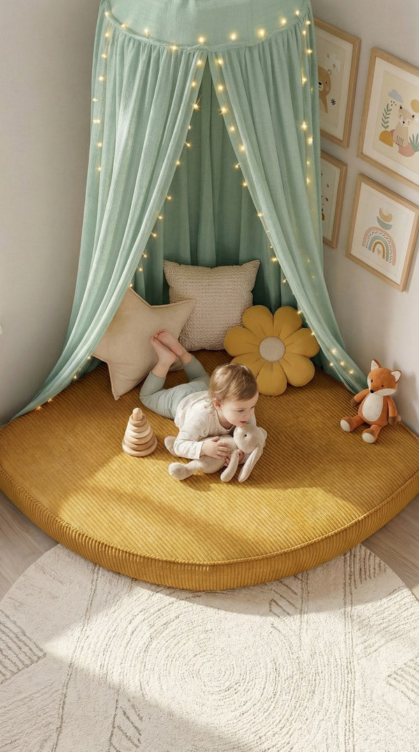 Custom Corner Floor Cushion, Made-to-Measure Corduroy Reading Nook Mat, Quarter Round Kids Play Cushion, Canopy Corner D