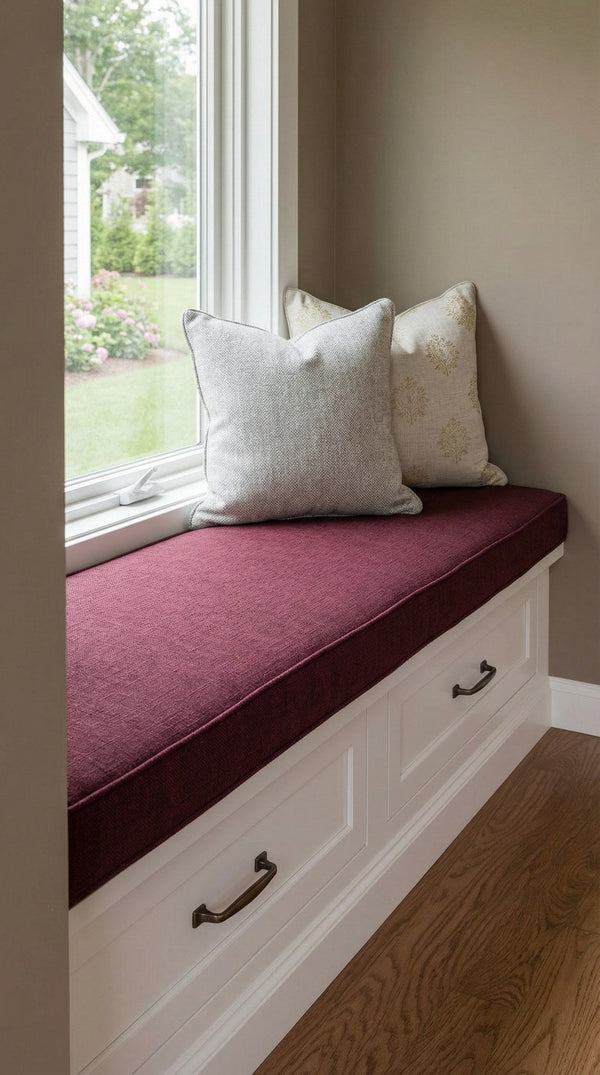 Custom Window Seat Cushion with Piping, Made-to-Measure Bench Seat Pad, Boxed Banquette Booth Cushion, Reading Nook Wind