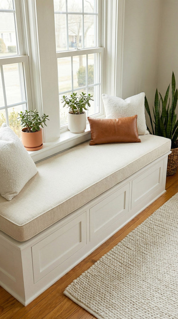 Custom Window Seat Cushion with Piping, Made-to-Measure Bench Seat Pad, Boxed Banquette Booth Cushion, Reading Nook Wind
