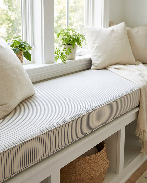 Custom Striped Window Seat Cushion, Made-to-Measure Bench Seat Pad, Kitchen Banquette Cushion, Bay Window Bench Pad, Tic