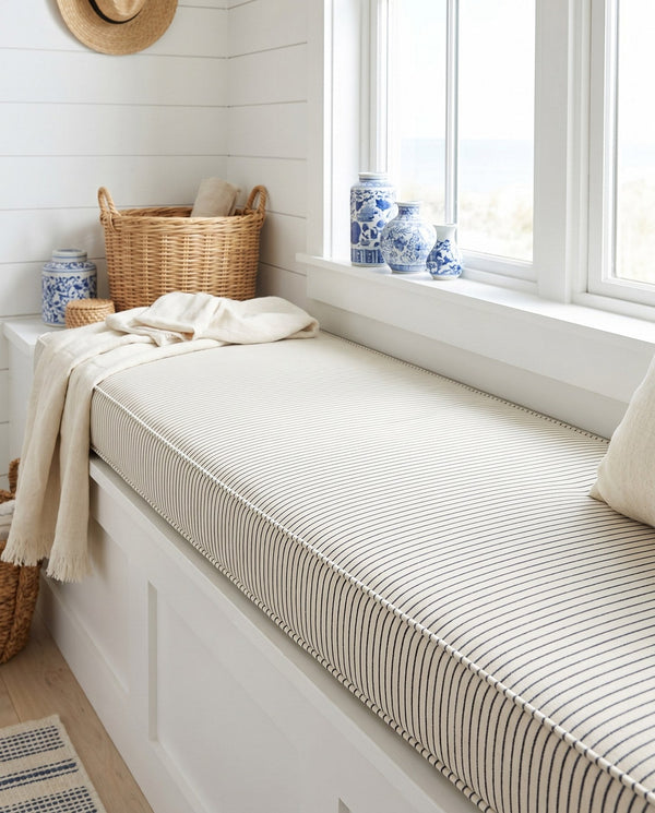 Custom Striped Window Seat Cushion, Made-to-Measure Bench Seat Pad, Kitchen Banquette Cushion, Bay Window Bench Pad, Tic