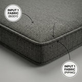 Charcoal outdoor cushion corner with labels for body and piping fabric, made to measure by Foamera