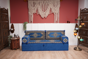 Royal Blue Palace Elegance: Single Floor Sofa – Arabic Diwan Sofa – Handmade Floor Sofa – Custom Size Floor Cushions