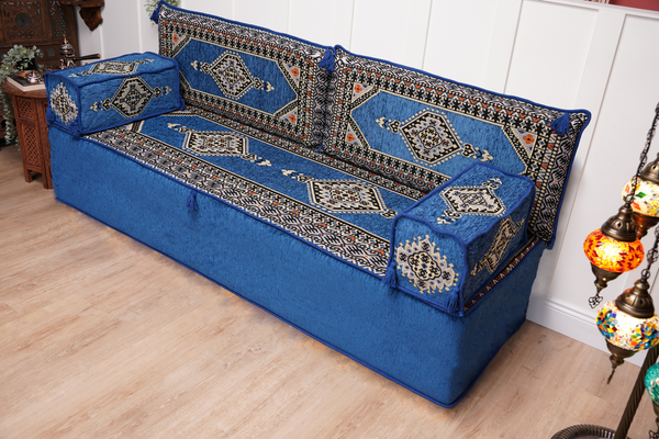 Royal Blue Palace Elegance: Single Floor Sofa – Arabic Diwan Sofa – Handmade Floor Sofa – Custom Size Floor Cushions
