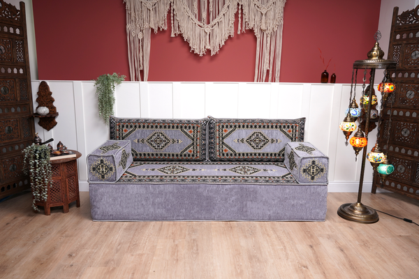 Gray Palace Elegance: Single Floor Sofa – Arabic Floor Seating – Ottoman Floor Seating – Boho Living Room Seating