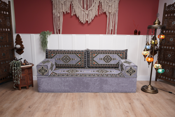 Gray Palace Elegance: Single Floor Sofa – Arabic Floor Seating – Ottoman Floor Sofa – Boho Living Room Seating