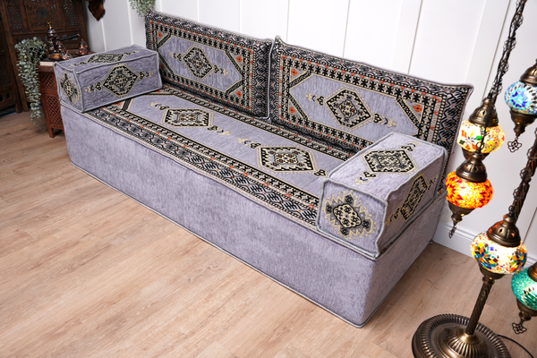 Gray Palace Elegance: Single Floor Sofa – Arabic Floor Seating – Ottoman Floor Seating – Boho Living Room Seating