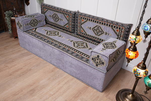 Gray Palace Elegance: Single Floor Sofa – Arabic Floor Seating – Ottoman Floor Sofa – Boho Living Room Seating