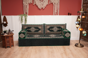 Green Palace Elegance: Single Floor Sofa – Arabic Majlis Seating – Moroccan Style Couch – Traditional Turkish Sofa
