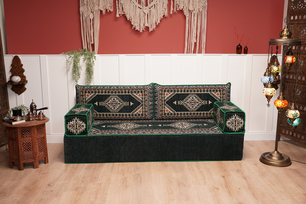 Green Palace Elegance: Single Floor Sofa – Arabic Majlis Seating – Moroccan Style Couch – Traditional Turkish Sofa