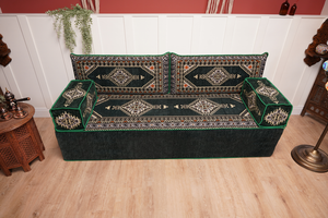 Green Palace Elegance: Single Floor Sofa – Arabic Majlis Seating – Moroccan Style Couch – Traditional Turkish Sofa
