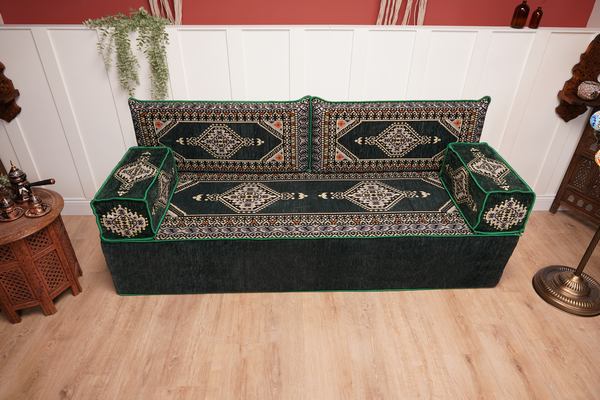 Green Palace Elegance: Single Floor Sofa – Arabic Majlis Seating – Moroccan Style Couch – Traditional Turkish Sofa