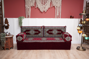 Maroon Palace Elegance: Single Floor Sofa – Arabic Majlis Sofa – Ethnic Floor Couch – Kilim Floor Sofa Seating