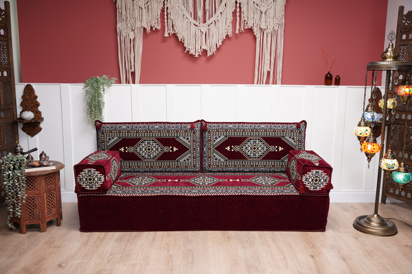 Maroon Palace Elegance: Single Floor Sofa – Arabic Majlis Sofa – Ethnic Floor Couch – Kilim Floor Sofa Seating