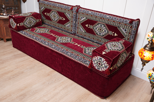 Maroon Palace Elegance: Single Floor Sofa – Arabic Majlis Sofa – Ethnic Floor Couch – Kilim Floor Sofa Seating