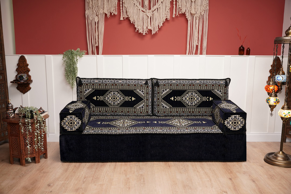 Navy Blue Palace Elegance: Single Floor Sofa – Arabic Majlis Sofa Set – Handmade Traditional Diwan Couch – Authentic Moroccan Cushions
