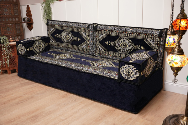 Navy Blue Palace Elegance: Single Floor Sofa – Arabic Majlis Sofa Set – Handmade Traditional Diwan Couch – Authentic Moroccan Cushions