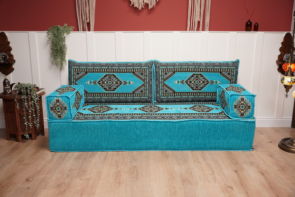 Turquoise Palace Elegance: Single Floor Sofa – Arabic Majlis Sofa – Oriental Cushion Set – Authentic Arabic Jalsa