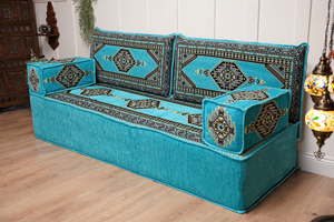 Turquoise Palace Elegance: Single Floor Sofa – Arabic Majlis Sofa – Oriental Cushion Set – Authentic Arabic Jalsa