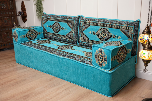 Turquoise Palace Elegance: Single Floor Sofa – Arabic Majlis Sofa – Oriental Cushion Set – Authentic Arabic Jalsa