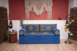 Royal Blue Palace Elegance: Single Floor Sofa – Arabic Diwan Sofa – Handmade Floor Sofa – Custom Size Floor Cushions