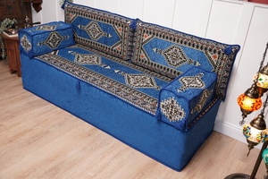 Royal Blue Palace Elegance: Single Floor Sofa – Arabic Diwan Sofa – Handmade Floor Sofa – Custom Size Floor Cushions