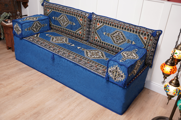 Royal Blue Palace Elegance: Single Floor Sofa – Arabic Diwan Sofa – Handmade Floor Sofa – Custom Size Floor Cushions