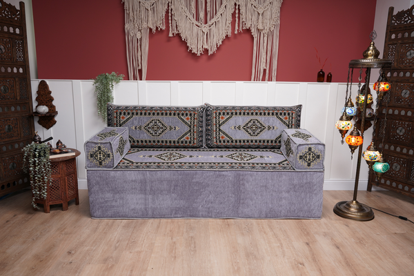Gray Palace Elegance: Single Floor Sofa – Arabic Floor Seating – Ottoman Floor Sofa – Boho Living Room Seating