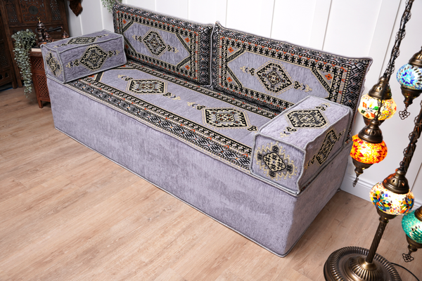 Gray Palace Elegance: Single Floor Sofa – Arabic Floor Seating – Ottoman Floor Seating – Boho Living Room Seating