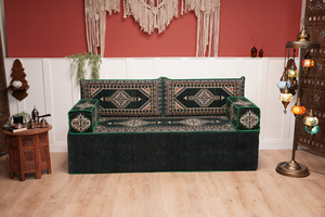Green Palace Elegance: Single Floor Sofa – Arabic Majlis Seating – Moroccan Style Couch – Traditional Turkish Sofa