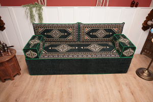 Green Palace Elegance: Single Floor Sofa – Arabic Majlis Seating – Moroccan Style Couch – Traditional Turkish Sofa
