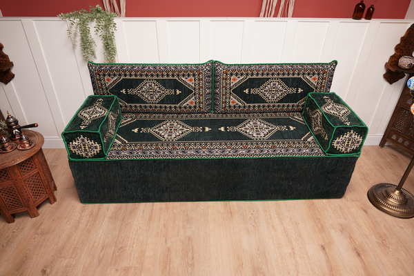 Green Palace Elegance: Single Floor Sofa – Arabic Majlis Seating – Moroccan Style Couch – Traditional Turkish Sofa