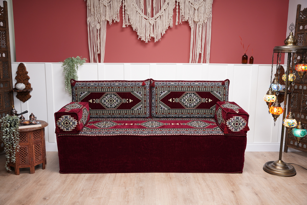 Maroon Palace Elegance: Single Floor Sofa – Arabic Majlis Sofa – Ethnic Floor Couch – Kilim Floor Sofa Seating