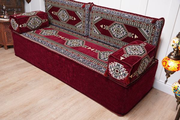 Maroon Palace Elegance: Single Floor Sofa – Arabic Majlis Sofa – Ethnic Floor Couch – Kilim Floor Sofa Seating