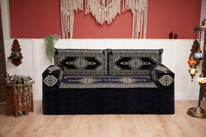 Navy Blue Palace Elegance: Single Floor Sofa – Arabic Majlis Sofa Set – Handmade Traditional Diwan Couch – Authentic Moroccan Cushions