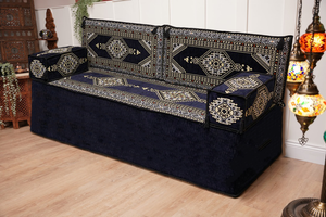Navy Blue Palace Elegance: Single Floor Sofa – Arabic Majlis Sofa Set – Handmade Traditional Diwan Couch – Authentic Moroccan Cushions