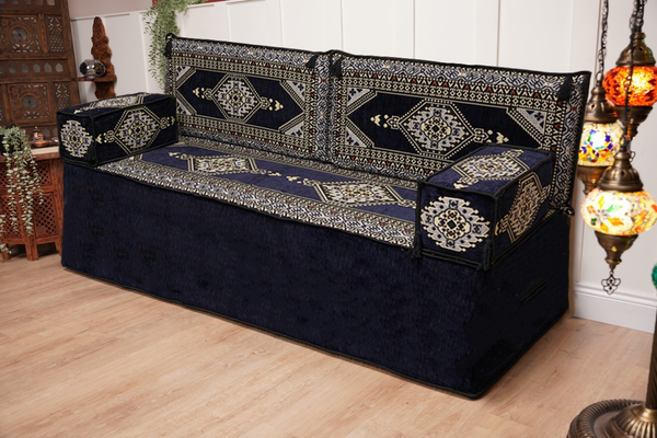 Navy Blue Palace Elegance: Single Floor Sofa – Arabic Majlis Sofa Set – Handmade Traditional Diwan Couch – Authentic Moroccan Cushions
