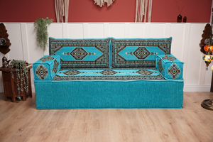Turquoise Palace Elegance: Single Floor Sofa – Arabic Majlis Sofa – Oriental Cushion Set – Authentic Arabic Jalsa