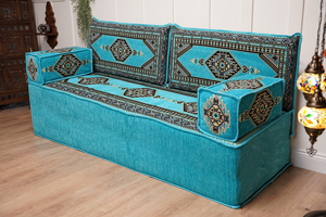 Turquoise Palace Elegance: Single Floor Sofa – Arabic Majlis Sofa – Oriental Cushion Set – Authentic Arabic Jalsa