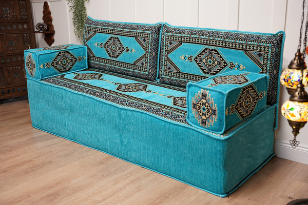 Turquoise Palace Elegance: Single Floor Sofa – Arabic Majlis Sofa – Oriental Cushion Set – Authentic Arabic Jalsa